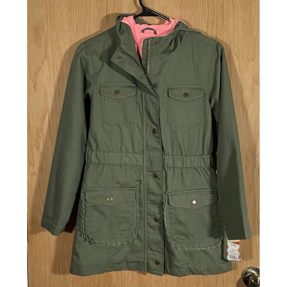 Cat & Jack Girls L 10/12 Olive Green Hooded Utility Jacket Pink Lining Brand New